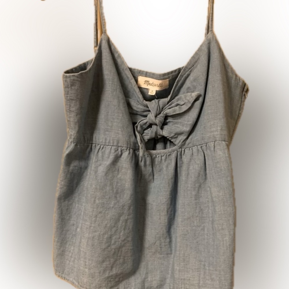 MADEWELL DENIM CHAMBRAY PEEK A BOO SUN CROP TOP SZ 6 SPAGHETTI STRAPS SUPER CUTE